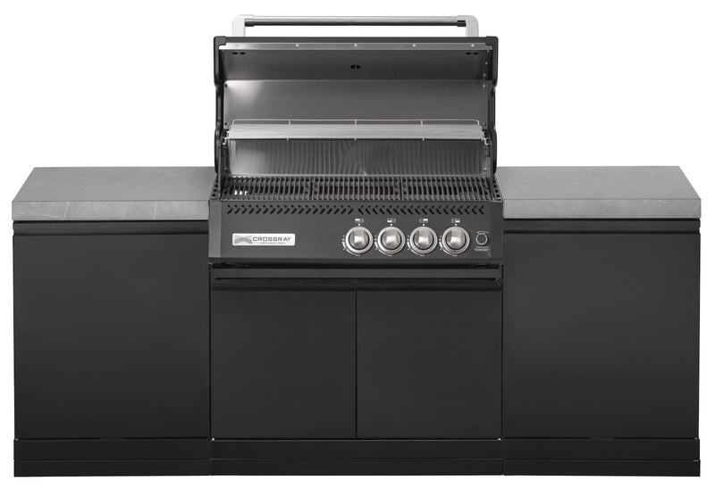 GrandPro Outdoor Kitchen with Black CrossRay 4 Burner BBQ, - 2.2m