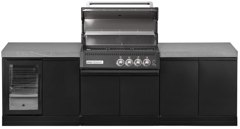 GrandPro Outdoor Kitchen with Black CrossRay 4 Burner BBQ, Fridge - 2.8m