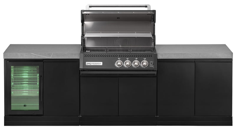 GrandPro Outdoor Kitchen with Black CrossRay 4 Burner BBQ, Fridge - 2.8m