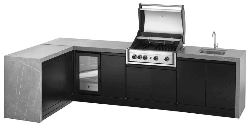 GrandPro Outdoor Kitchen Elite Pro 4 Burner BBQ, Fridge, Sink and WaterFall - 3.4m x 1.5m