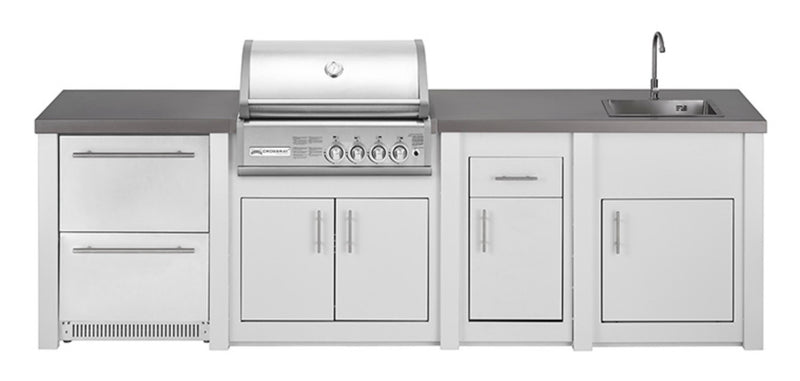 Grandpro by Stoll Aluminum Outdoor Kitchen Crossray Green Egg, Sink, and Double Drawer Fridge