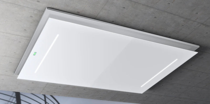 Airforce F207 100cm Easy Up Island Ceiling Cooker Hood with White Steel Surround & Glass Panel Remote Controlled