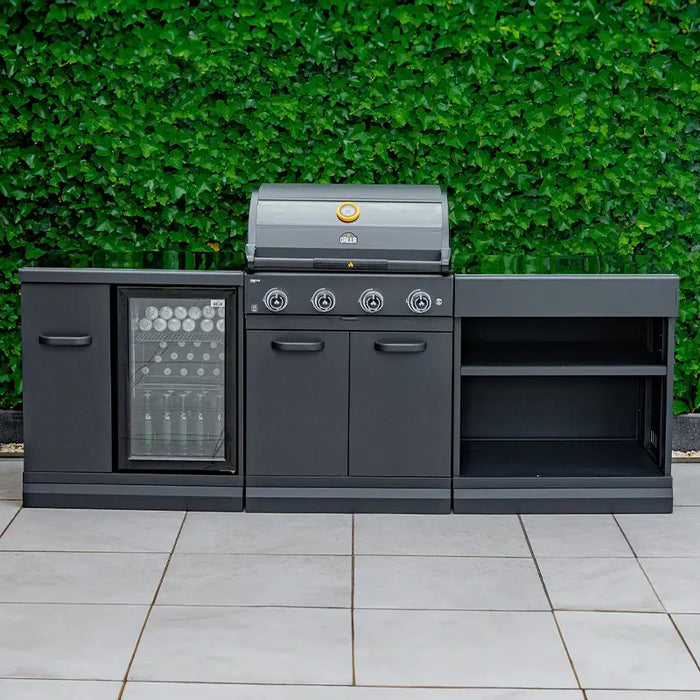 GRLLR Outdoor Kitchen 4 Burner Fridge and Open Shelve