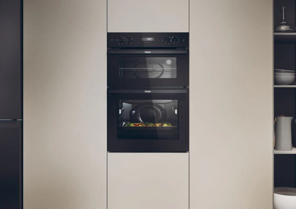 Haier HWO9M2M5B Series 2 Built-In 90cm Double Oven with Advanced Features - Black Glass &amp; Stainless Steel Trim