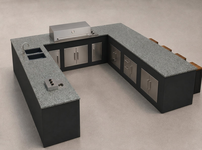 Grillandia Outdoor kitchen U shape, Paired with Beefeater proline 6 burner and Built-in deep fryer | 4m x 3.8m X 4m