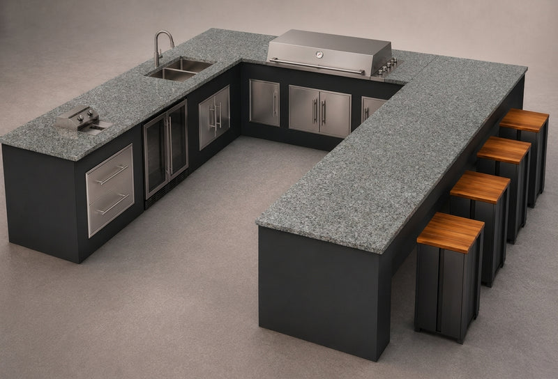 Grillandia Outdoor kitchen U shape, Paired with Beefeater proline 6 burner and Built-in deep fryer | 4m x 3.8m X 4m