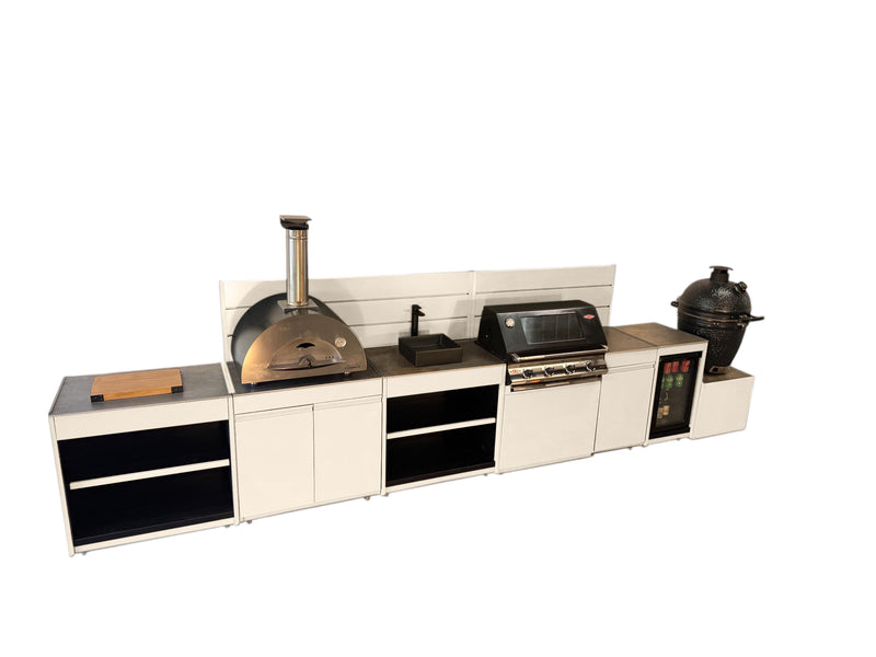 Vision Outdoor Kitchen with Fridge, Sink, Pizza Oven, Kamado, and Barbecue Grill