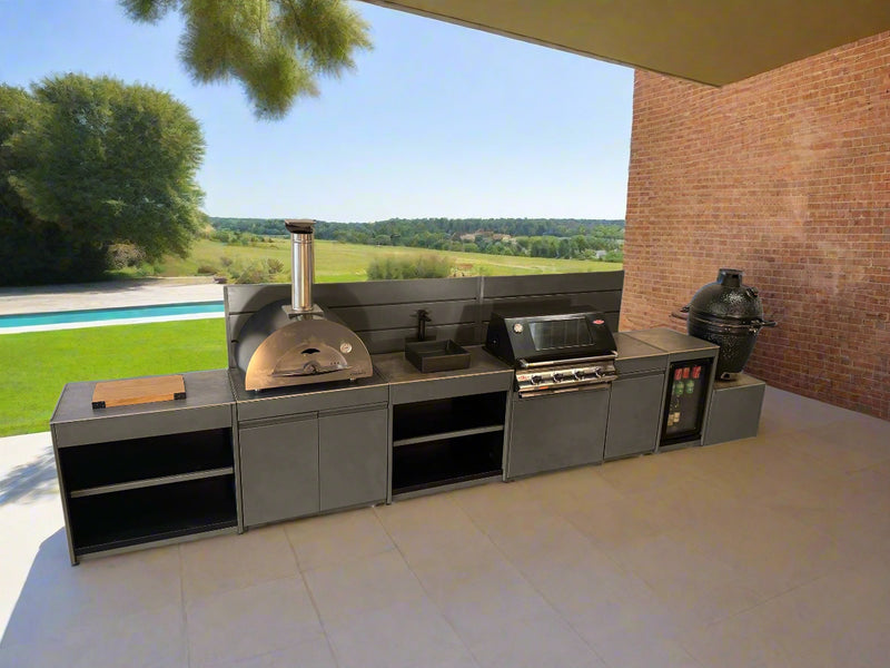 Vision Outdoor Kitchen with Fridge, Sink, Pizza Oven, Kamado, and Barbecue Grill