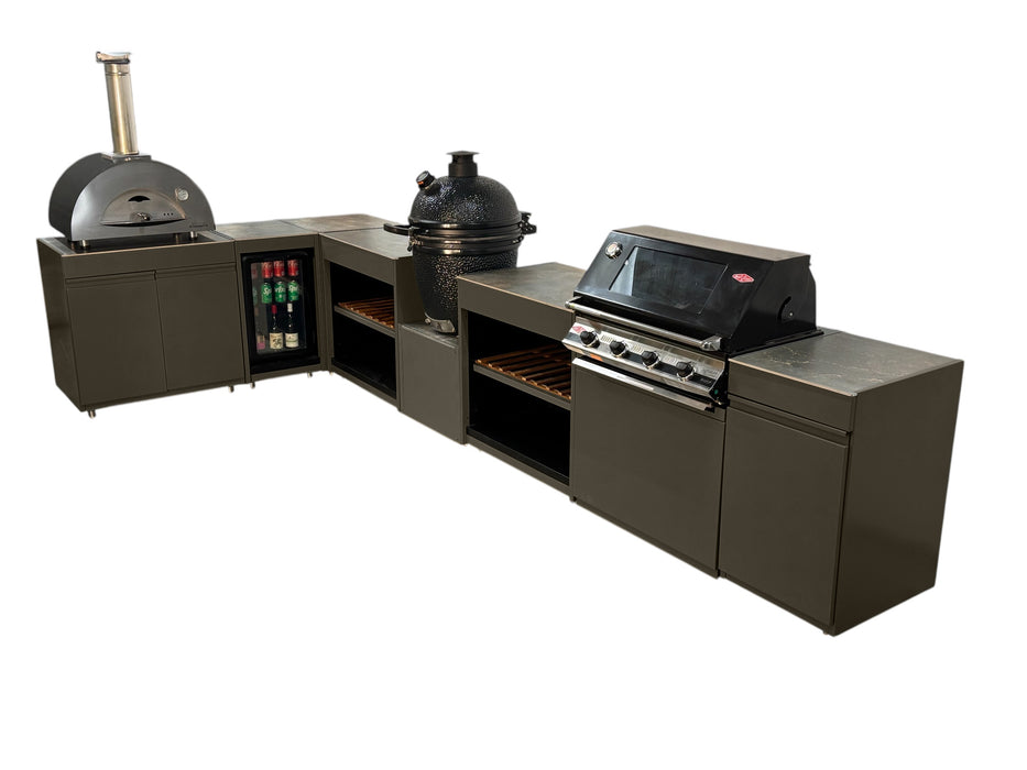 Vision Outdoor Kitchen L Shape Fridge Pizza oven, Kamado, and Barbecue Grill