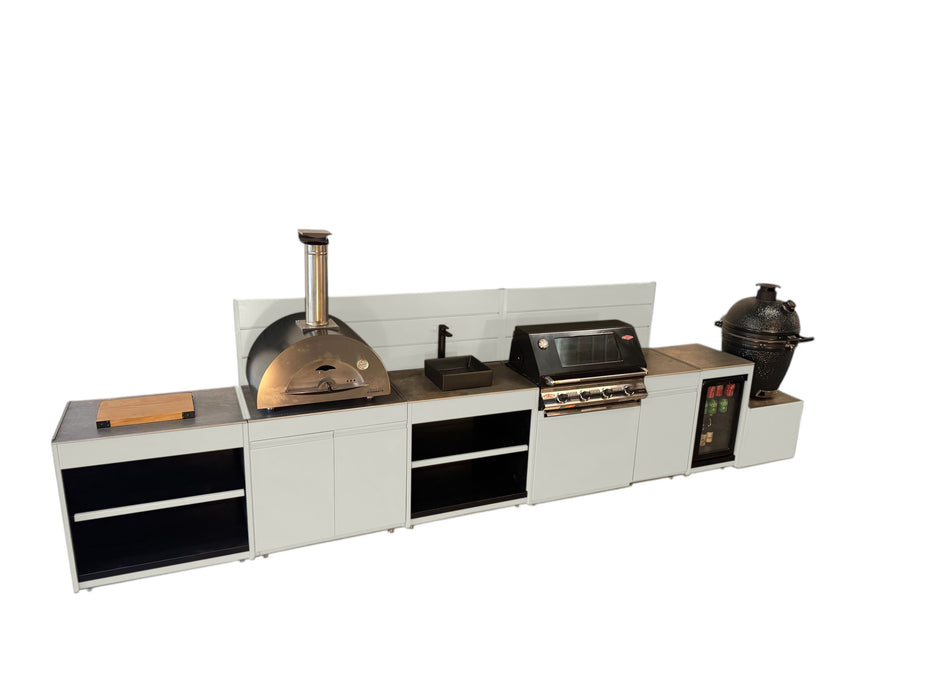 Vision Outdoor Kitchen with Fridge, Sink, Pizza Oven, Kamado, and Barbecue Grill