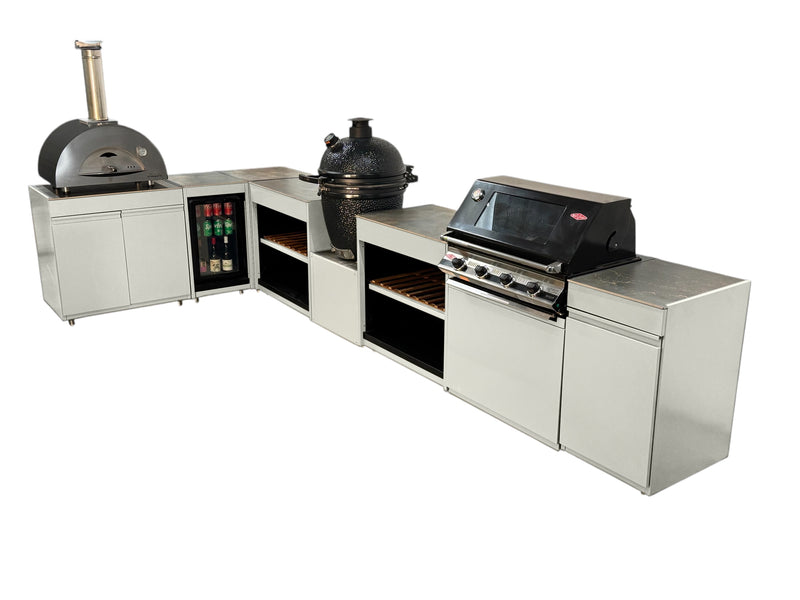 Vision Outdoor Kitchen L Shape Fridge Pizza oven, Kamado, and Barbecue Grill