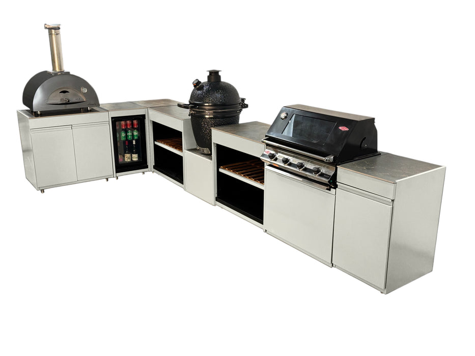 Vision Outdoor Kitchen L Shape Fridge Pizza oven, Kamado, and Barbecue Grill