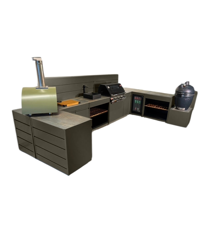 Vision Outdoor Kitchen U Shape Fridge Pizza Oven, Kamado, and Barbecue Grill