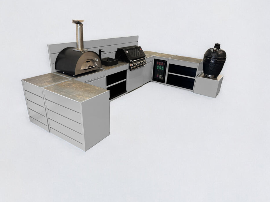 Vision Outdoor Kitchen U Shape Fridge Pizza Oven, Kamado, and Barbecue Grill
