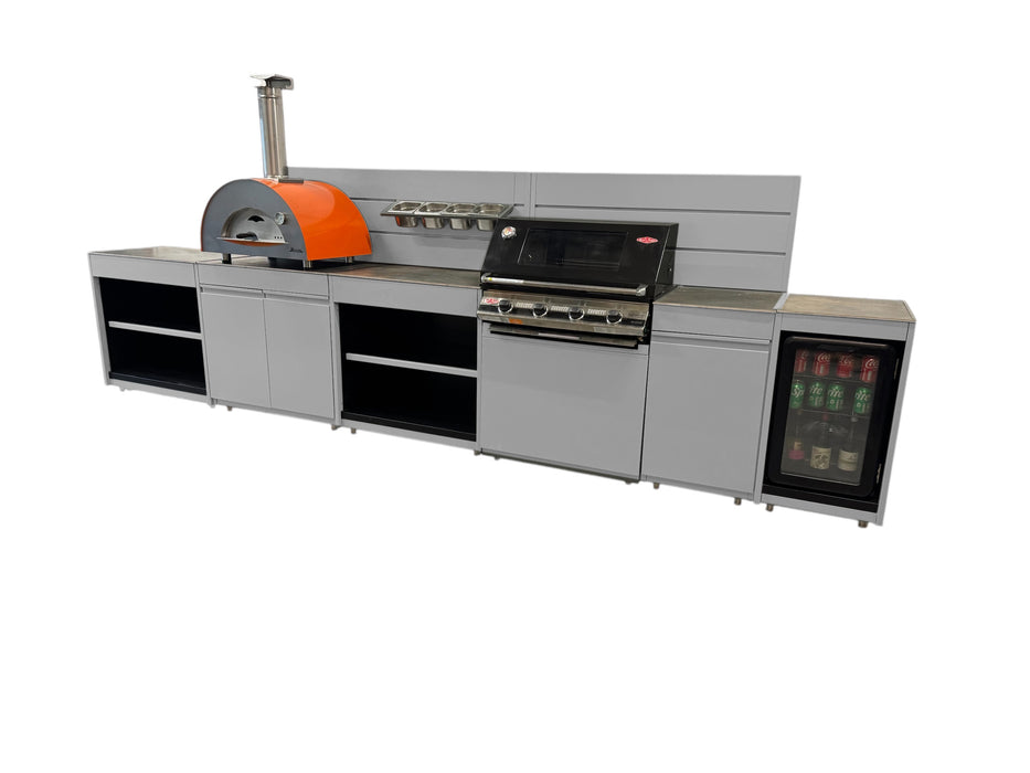 Vision Outdoor Kitchen with Fridge, Pizza Oven, Kamado, and Barbecue Grill