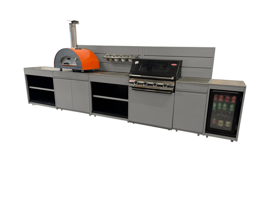 Vision Outdoor Kitchen with Fridge, Pizza Oven, Kamado, and Barbecue Grill