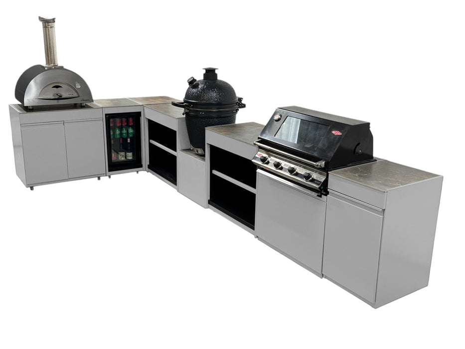 Vision Outdoor Kitchen L Shape Fridge Pizza oven, Kamado, and Barbecue Grill