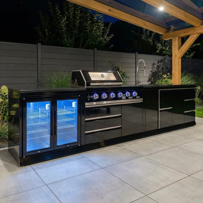 Goriller Outdoor Kitchen | 6-Burner Gas Grill, Sink Double Door Fridge & Workstation | 3.9m Compact Luxury Design