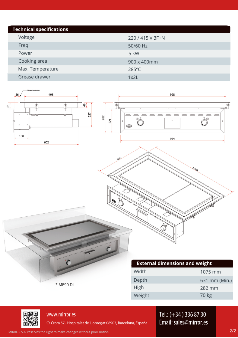 Mirror Residential & Commercial ME90 DI Drop in Heavy Duty Electric Chrome Griddle/Plancha