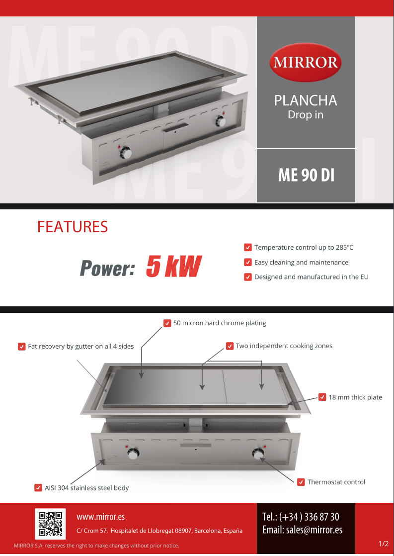 Mirror Residential & Commercial ME90 DI Drop in Heavy Duty Electric Chrome Griddle/Plancha