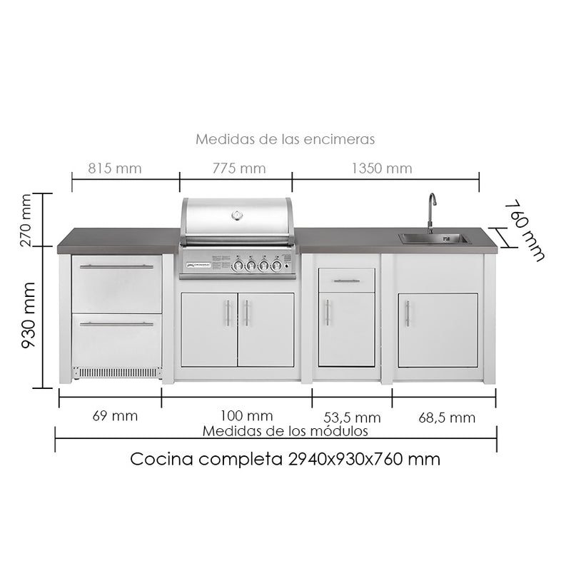 Grandpro by Stoll Aluminum Outdoor Kitchen Crossray Green Egg, Sink, and Double Drawer Fridge