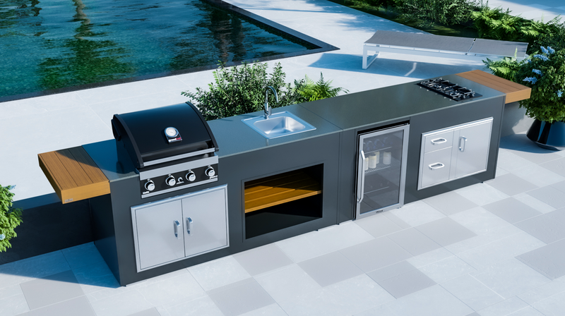 Grillandia Outdoor Kitchen Grandhall 4 Burner, Fridge, Sink and Weather Cover - 4.4M