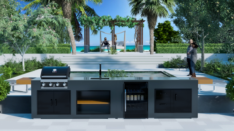 Grillandia Outdoor Kitchen Grandhall 4 Burner, Fridge, Sink and Weather Cover - 4.4M
