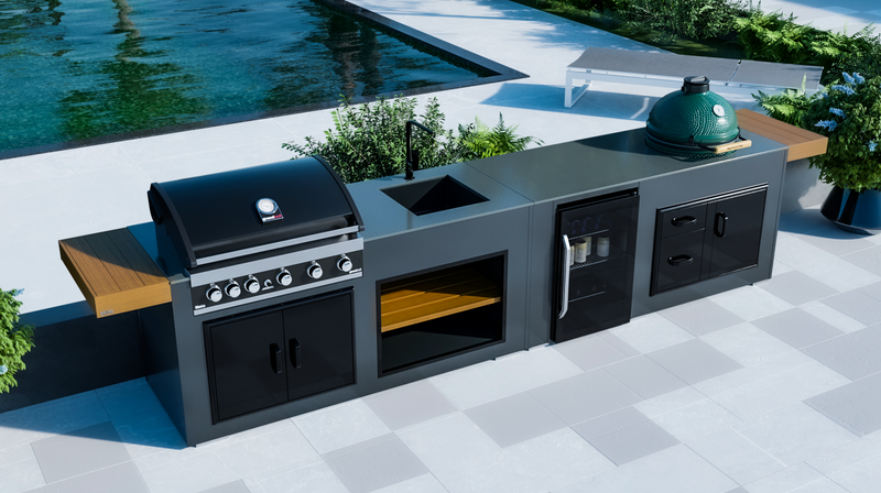 Grillandia Outdoor Kitchen Grandhall 5 burner, Large Green Egg, Sink, Fridge and Weather Cover - 4.4m