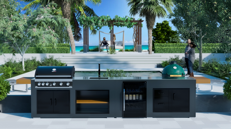 Grillandia Outdoor Kitchen Grandhall 5 burner, Large Green Egg, Sink, Fridge and Weather Cover - 4.4m