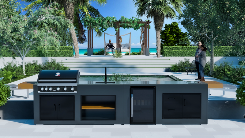 Grillandia Outdoor Kitchen Grandhall 5 Burner, Fridge, Sink and Weather Cover - 4.4M
