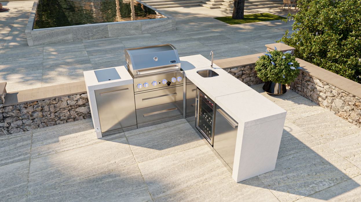 Mont Alpi Outdoor kitchen 4-burner Deluxe Island featuring a 90-degree corner and beverage Center + Cover  2.1M-2.3M