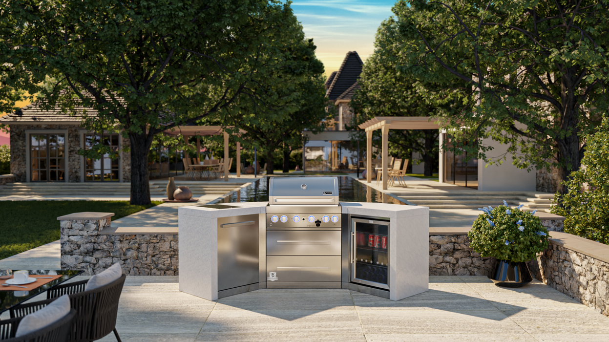 Mont Alpi Outdoor kitchen 4-burner Deluxe Island with 45-Degree Corners and a Fridge Cabinet  + Cover - 2.7M
