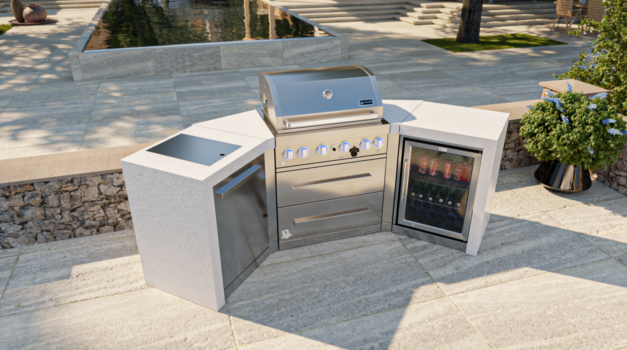 Mont Alpi 4-burner Deluxe Island with 45-Degree Corners and a Fridge Cabinet  + Cover - 2.7M