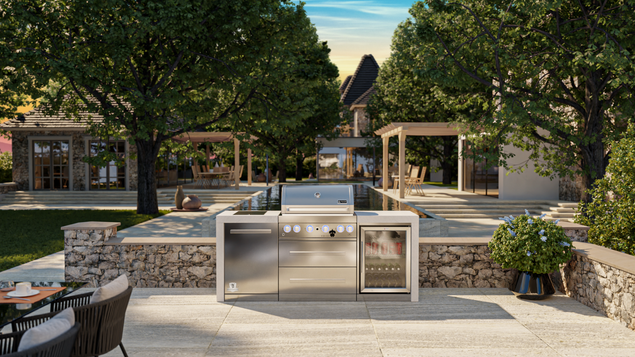 Mont Alpi Outdoor kitchen 4-burner Deluxe Island with Fridge Cabinet + Cover  2.1M