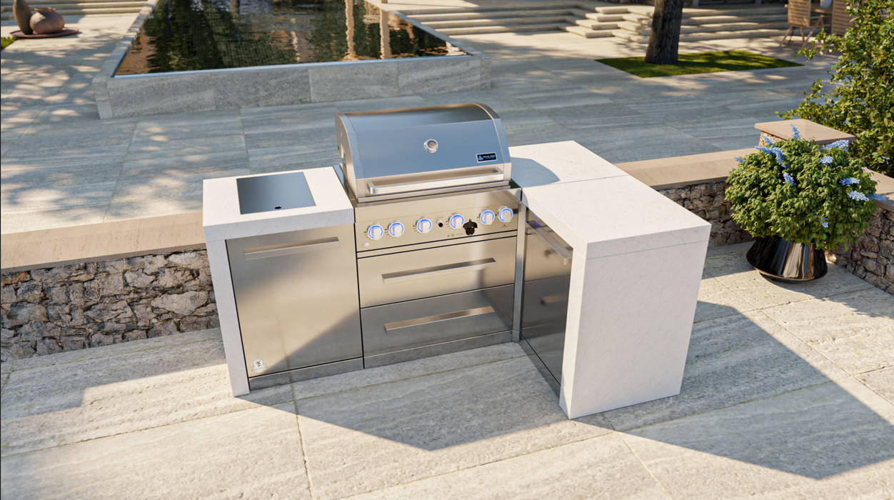 Mont Alpi Outdoor kitchen 4-burner Deluxe Island with a 90-Degree Corner + Cover - 2.1M