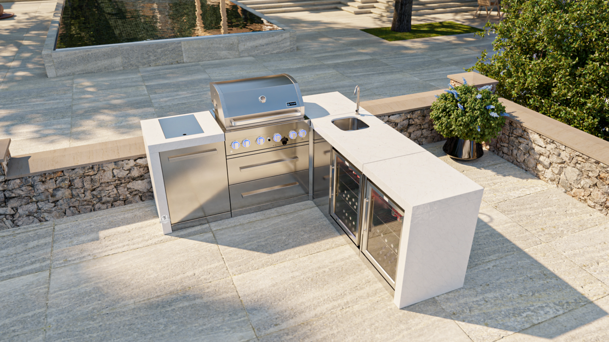 Mont Alpi Outdoor kitchen 4-burner Deluxe Island with a 90-degree corner, Beverage Center, and Fridge Cabinet + Cover  2.1M - 2.3M