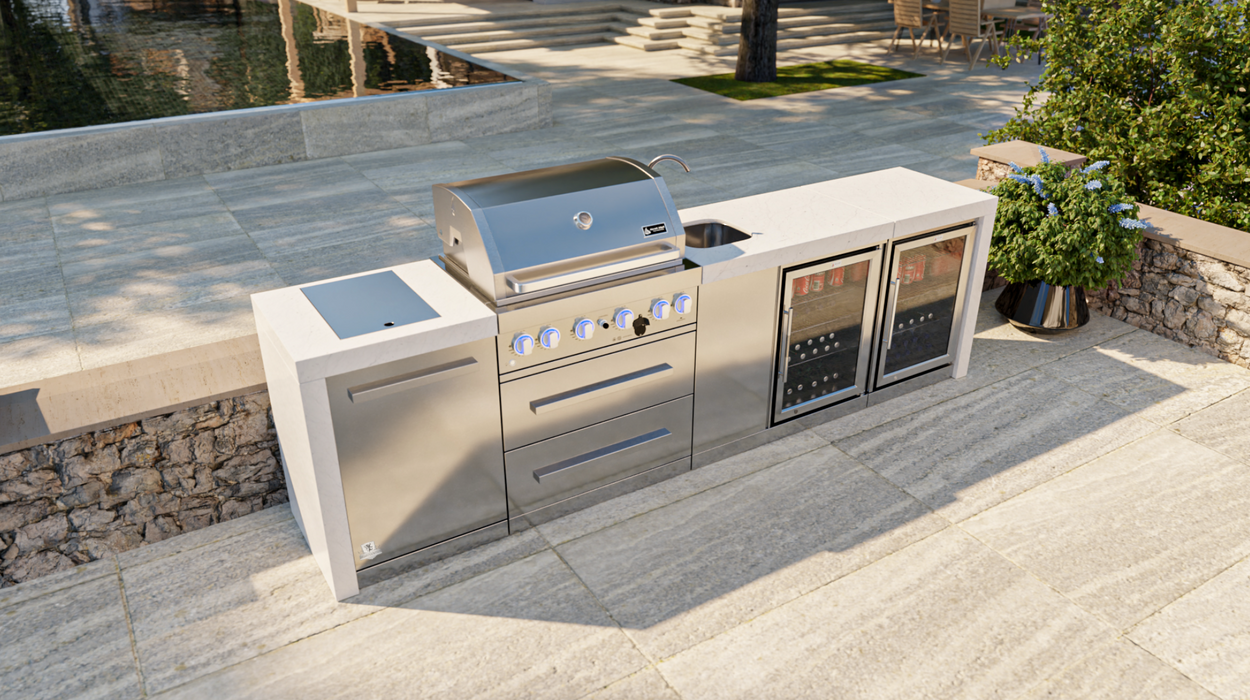Mont Alpi 4-burner Deluxe Island with a Beverage Center And Fridge Cabinet + Cover - 3.1M