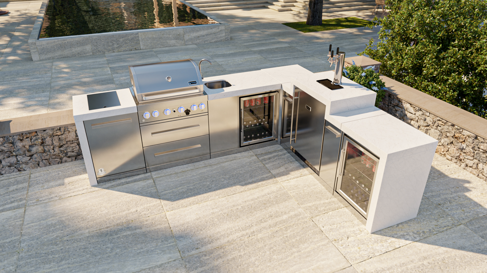 Mont Alpi Outdoor kitchen 4 Burner, Kegerator, Sink, and Double Fridges