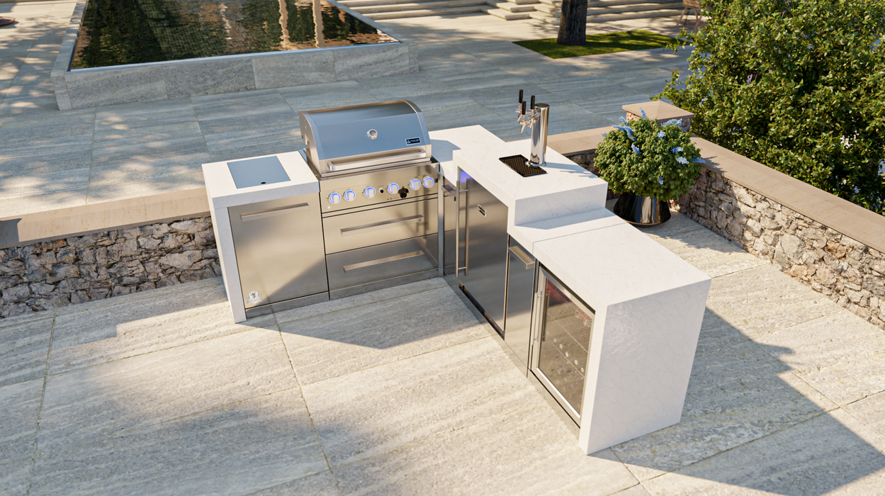 Mont Alpi Outdoor kitchen 400 Deluxe BBQ Grill Island with 90 Degree Corner, Kegerator & Fridge Cabinet - MAi400-D90KEGFC