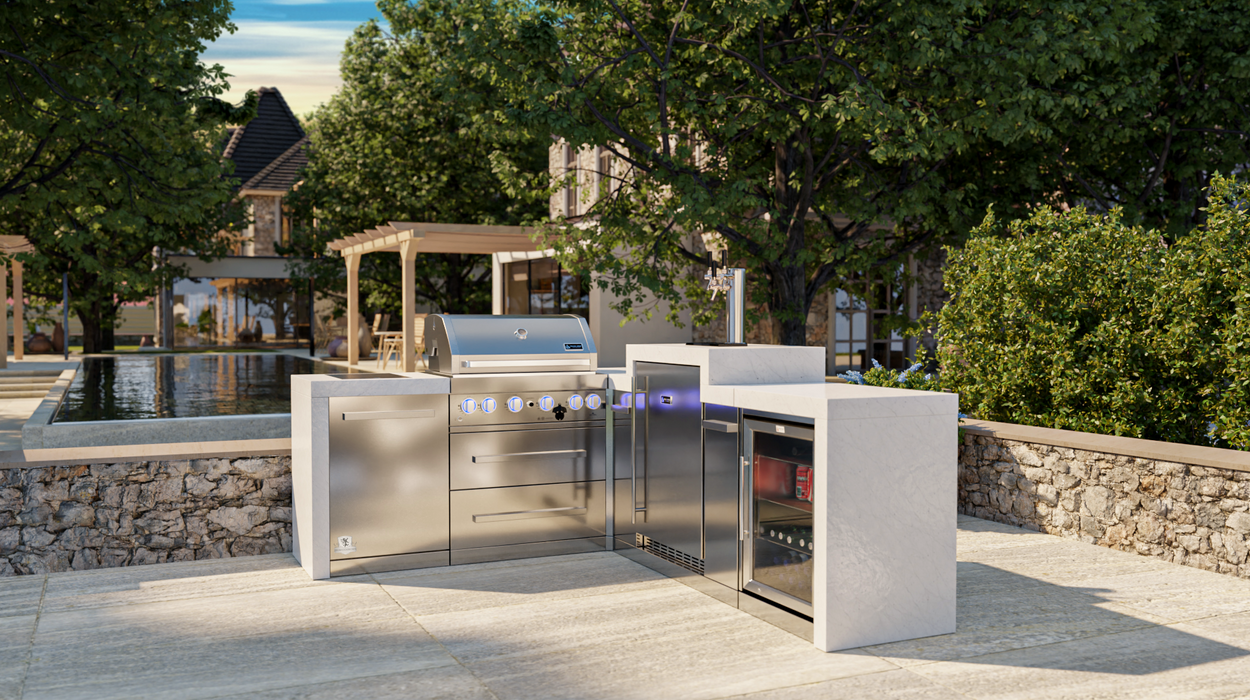 Mont Alpi Outdoor kitchen 400 Deluxe BBQ Grill Island with 90 Degree Corner, Kegerator & Fridge Cabinet - MAi400-D90KEGFC