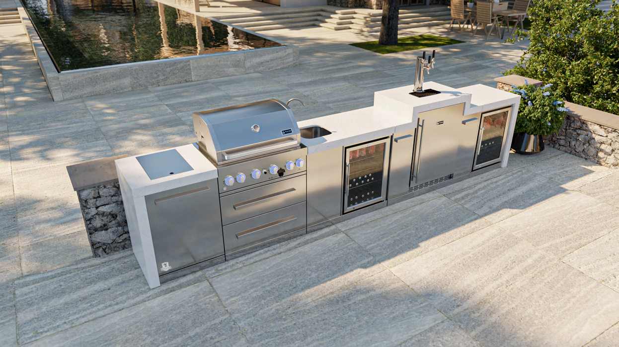 Mont Alpi Outdoor kitchen 400 Deluxe BBQ Grill Island with Kegerator, Beverage Center & Fridge Cabinet - MAi400-DKEGBEVFC