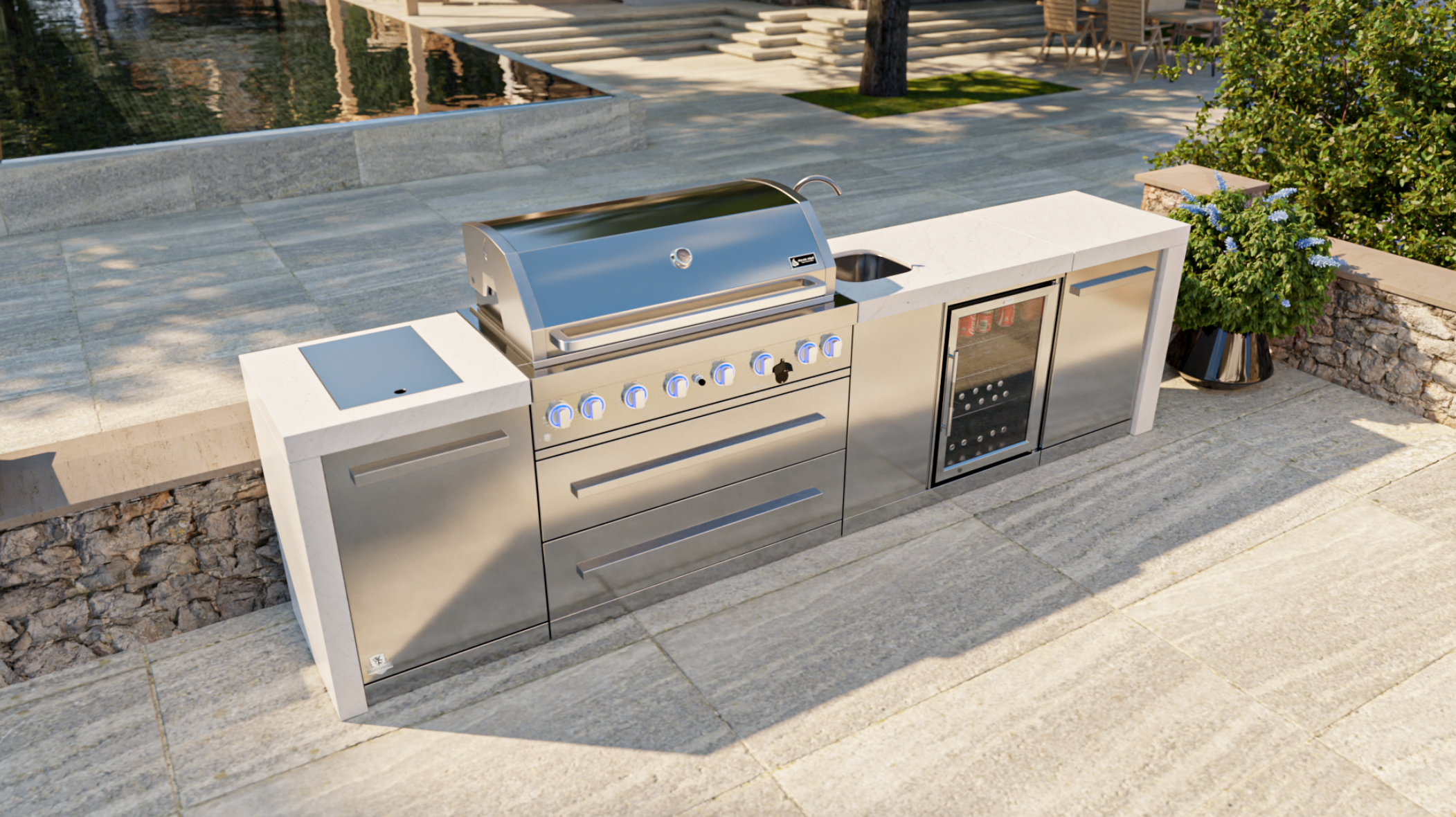 Mont Alpi Outdoor kitchen 6 Burner, Fridge, Sink and Weather Cover - 3.4m