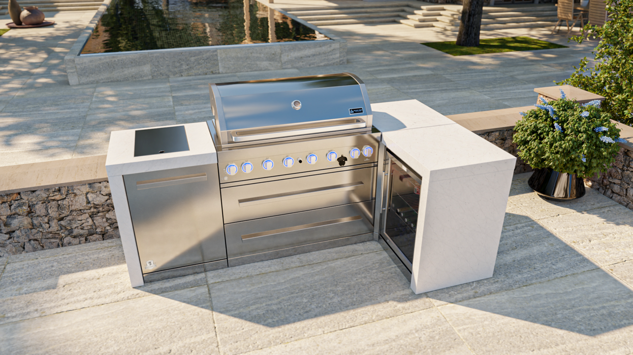 Mont Alpi Outdoor kitchen 6-burner Deluxe Island with a 90-degree corner and a fridge cabinet + Cover 2.4M