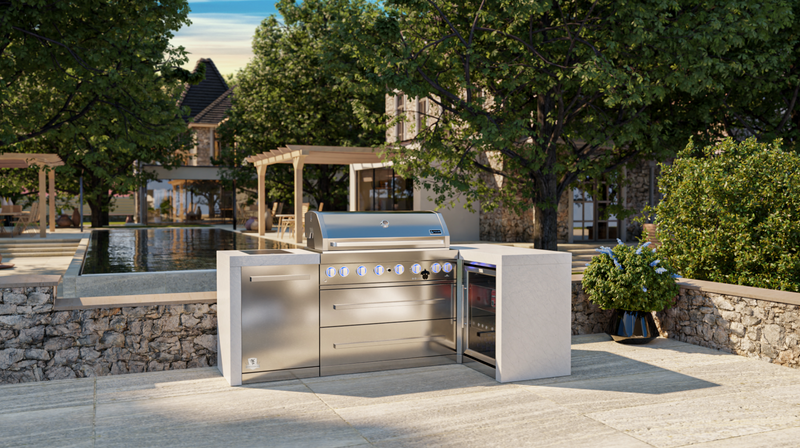 Mont Alpi L Shape Outdoor kitchen 6-burner Deluxe Island + Fridge + Weather Cover - 2.4M