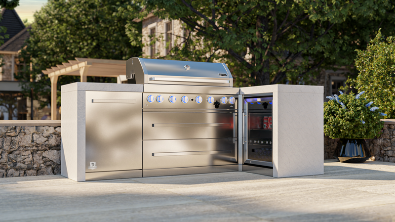 Mont Alpi L Shape Outdoor kitchen 6-burner Deluxe Island + Fridge + Weather Cover - 2.4M
