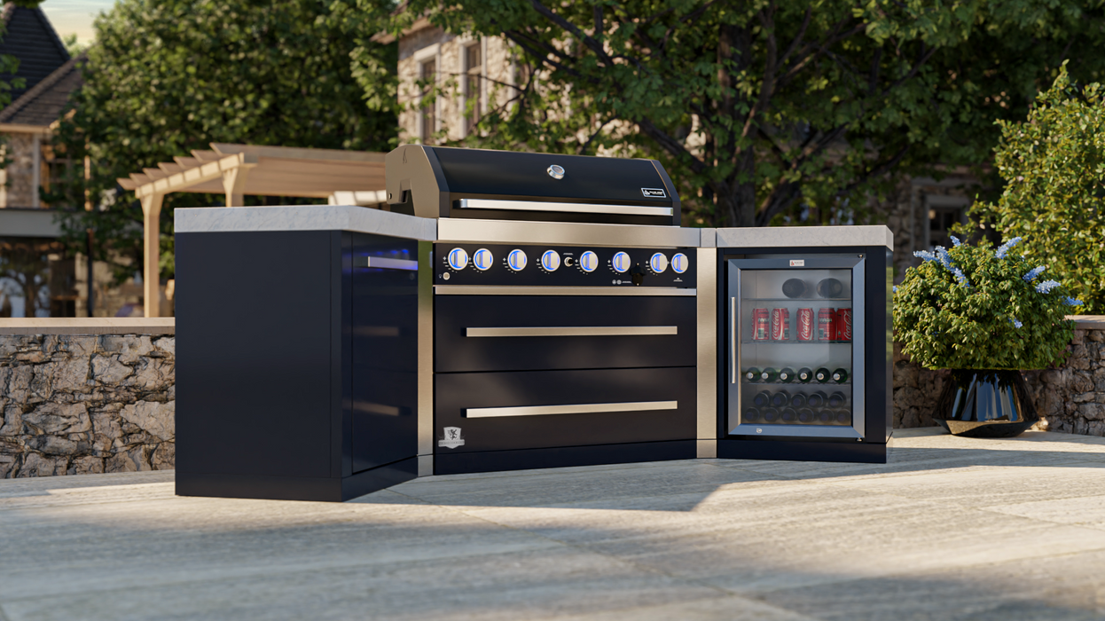 Mont Alpi Outdoor kitchen 805 Black Stainless Steel Island with 45-degree corners and a fridge cabinet + Cover  2.8M