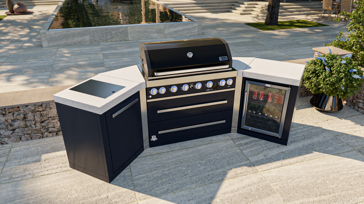 Mont Alpi Outdoor kitchen 805 Black Stainless Steel Island with 45-degree corners and a fridge cabinet + Cover  2.8M