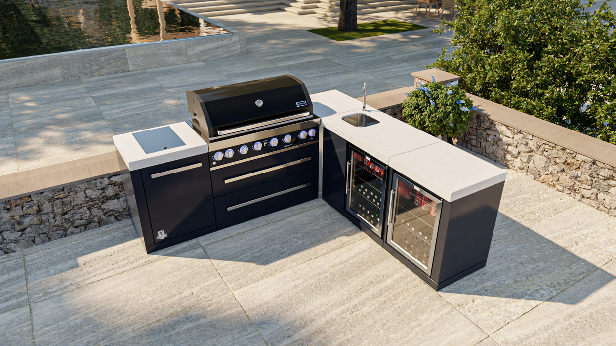 Mont Alpi Outdoor kitchen 805 Black Stainless Steel Island featuring a 90-degree corner, beverage center, and fridge cabinet + Cover