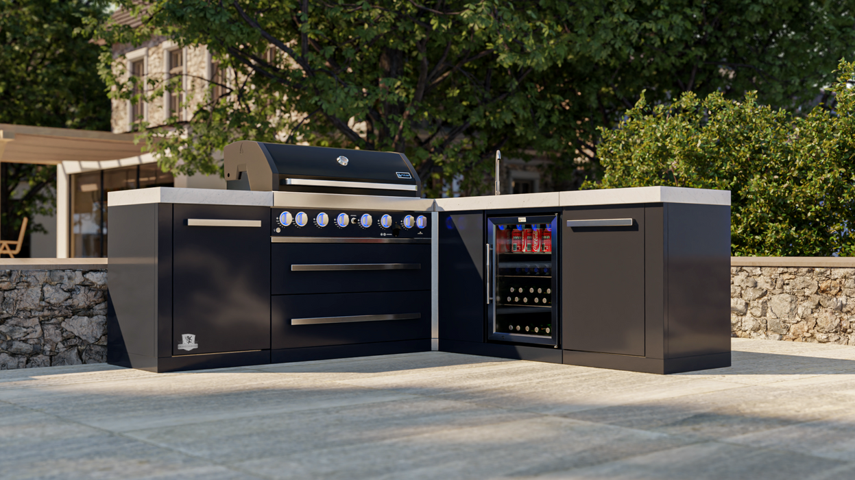 Mont Alpi Outdoor kitchen 805 Black Stainless Steel Island with a 90-degree corner and beverage center + Cover