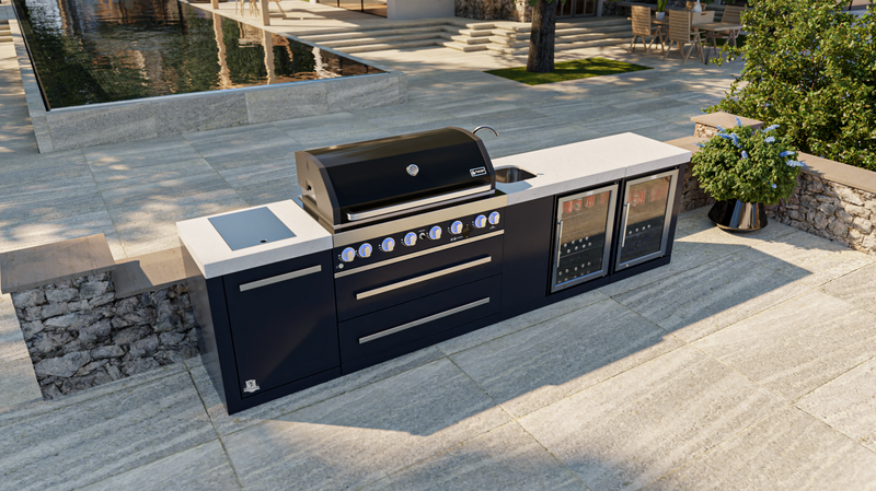 Mont Alpi Outdoor Kitchen Black, 6 Burner, Fridge, Sink and Weather Cover - 3.4m
